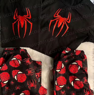 Spider Man Couple tenue pyjama ensemble à manches courtes t-shirt et pantalon 2 pièces
